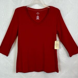 NWT St John’s Bay Red 3/4 Sleeve V Neck Top / size medium